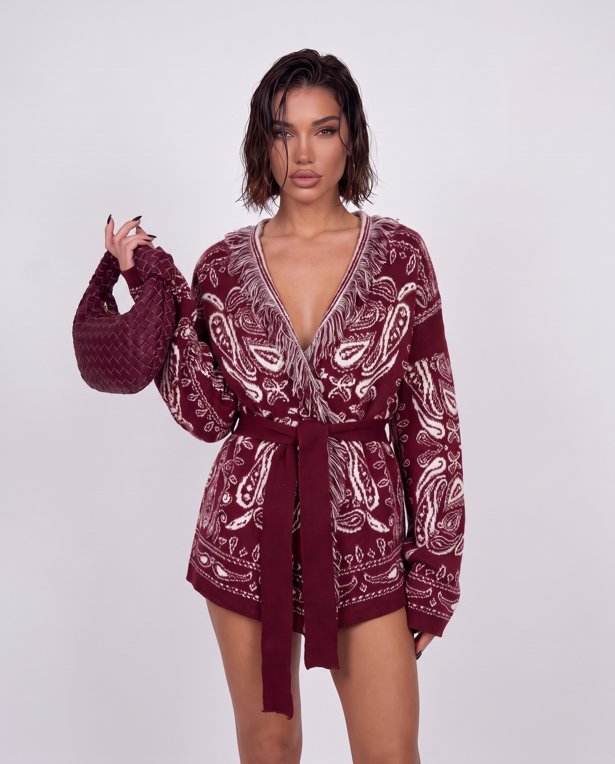 Cardigan Paisley Fringe-Cherry Red