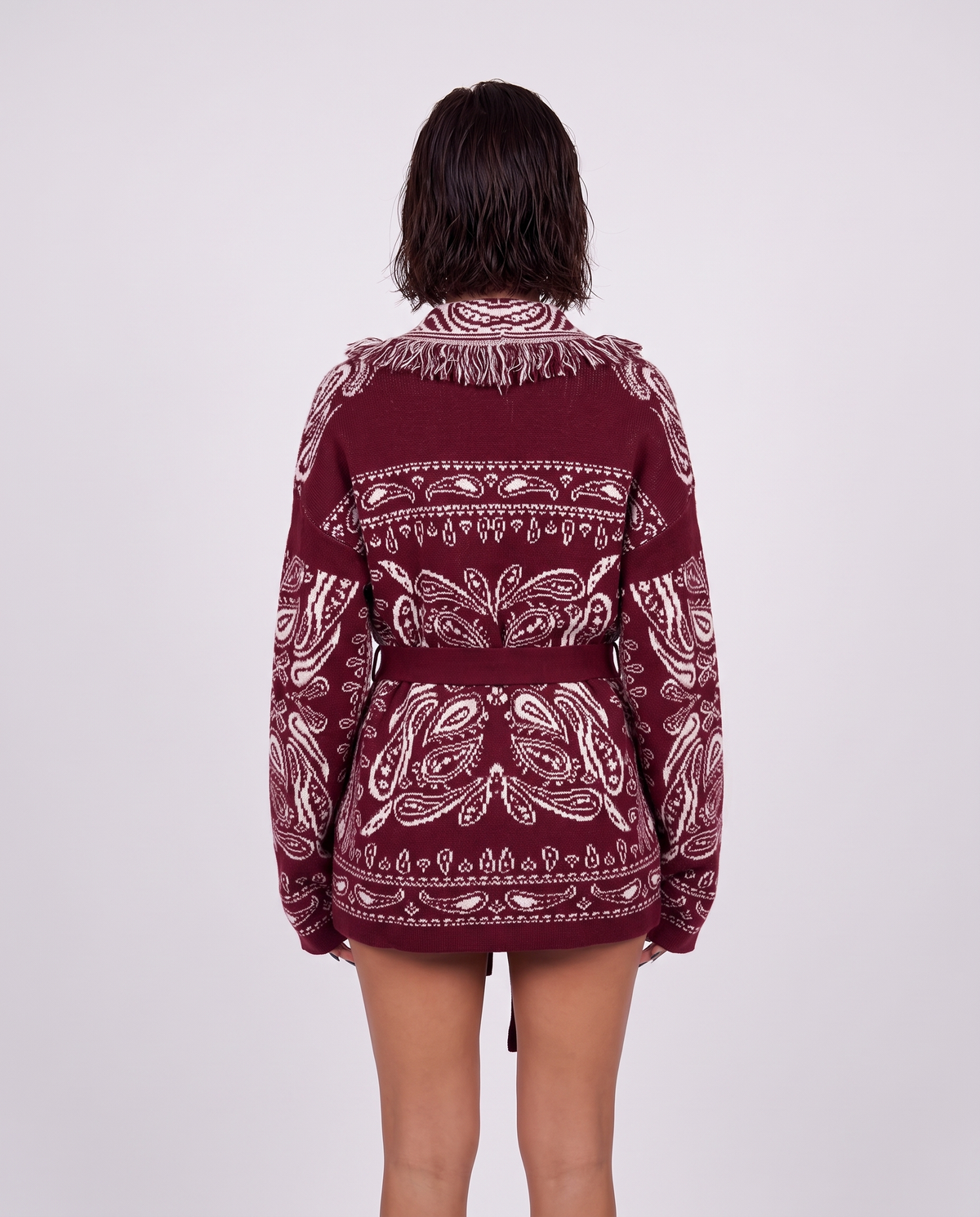 Cardigan Paisley Fringe-Cherry Red