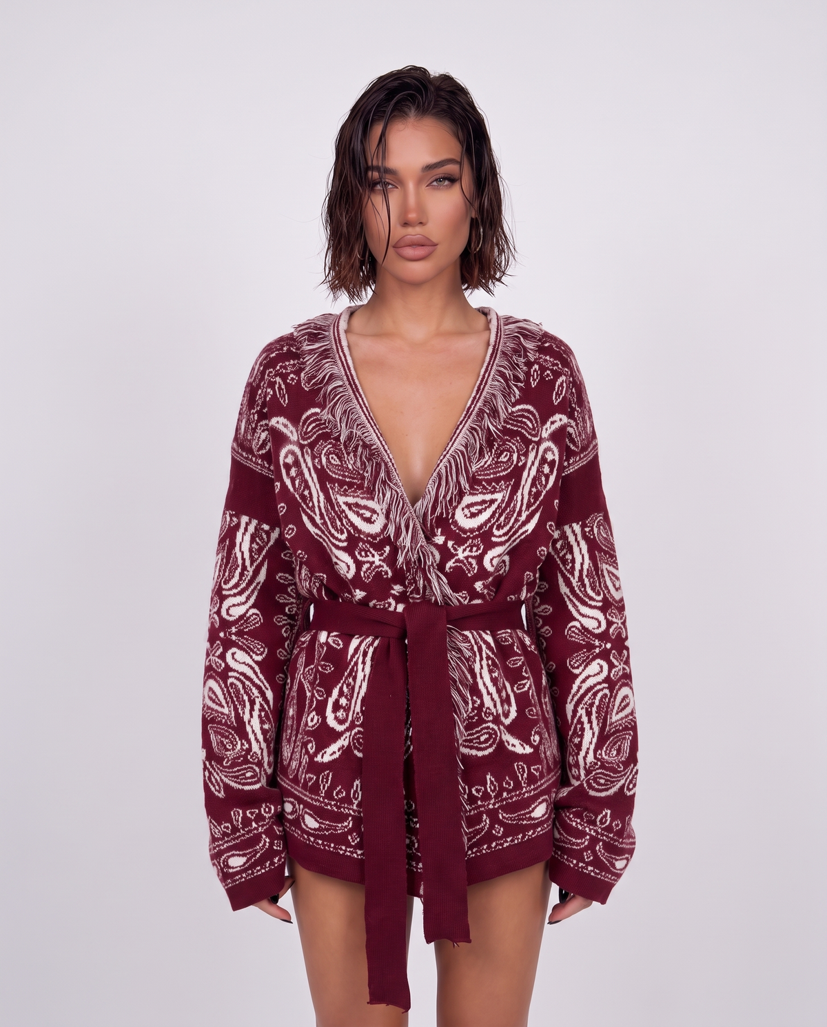 Cardigan Paisley Fringe-Cherry Red