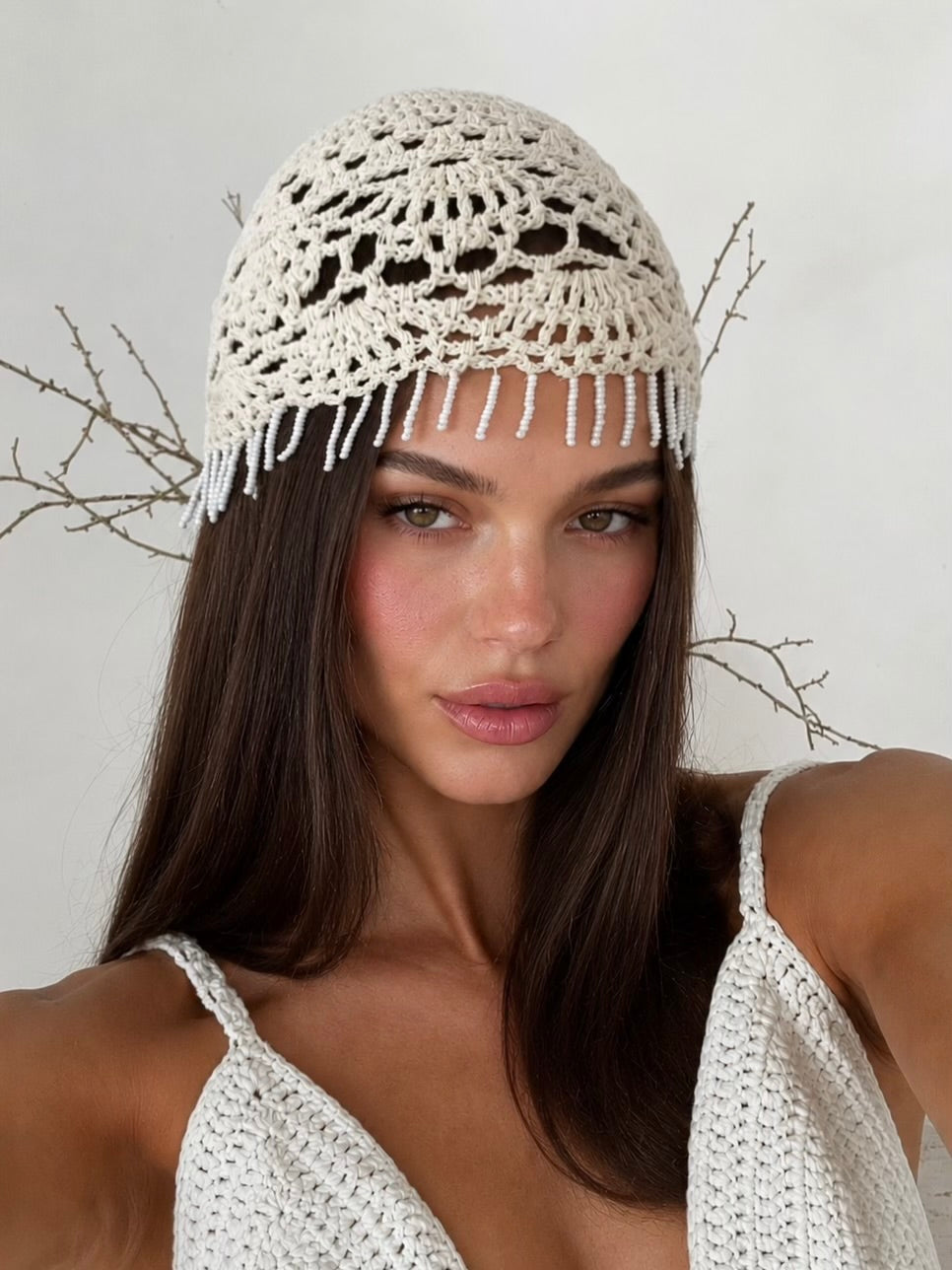 Cappello Crochet Pearl Fringe-Beige