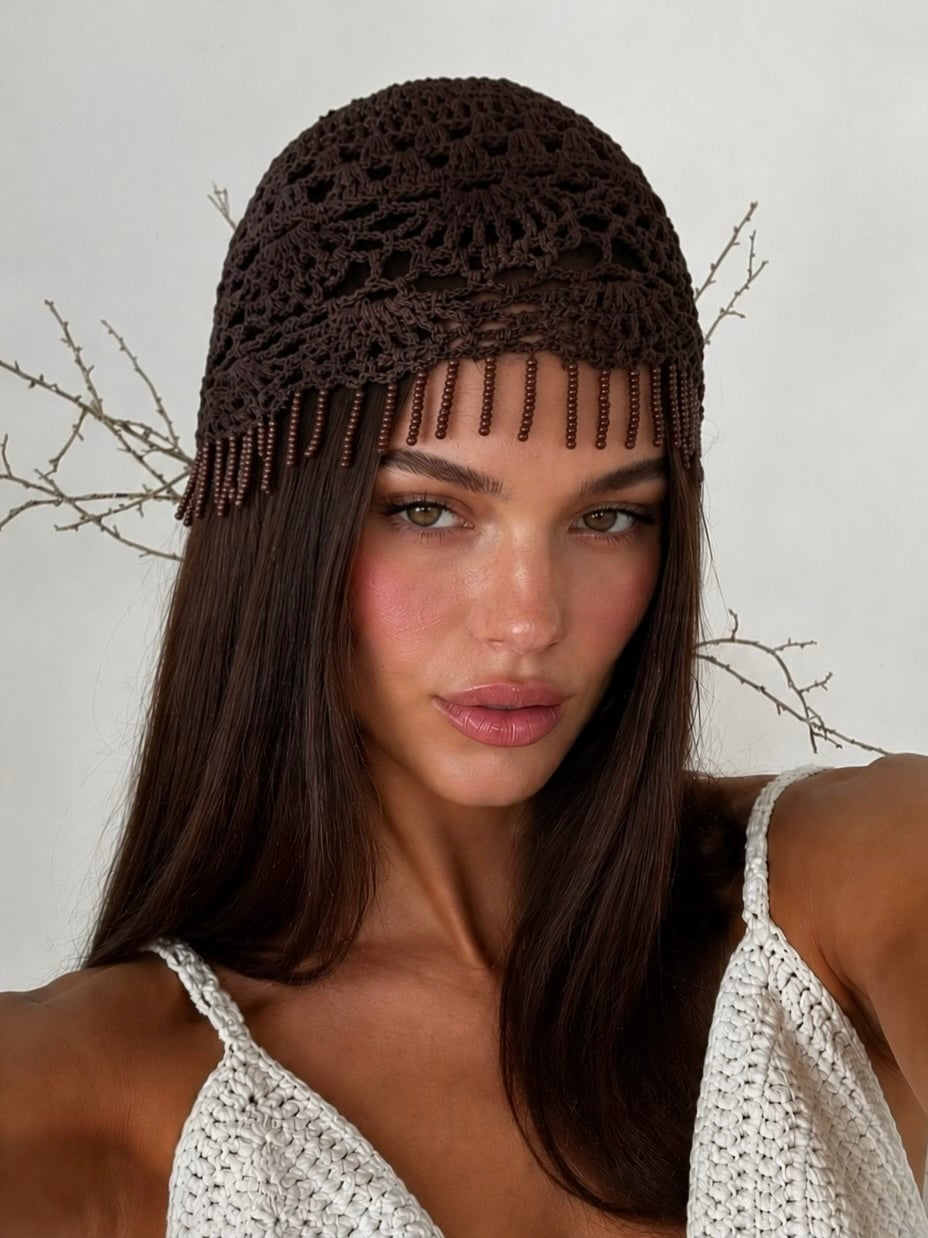 Cappello Crochet Pearl Fringe-Brown