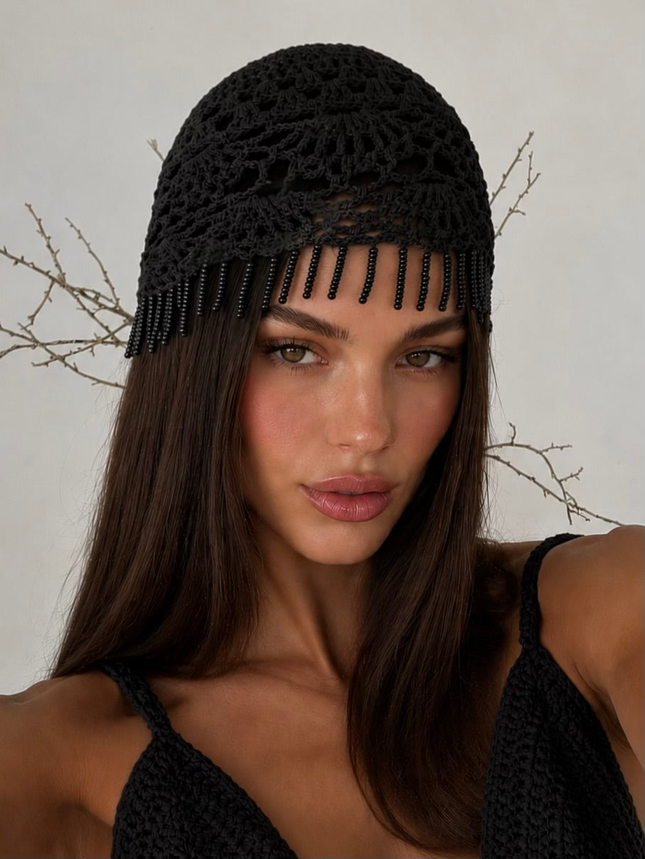 Cappello Crochet Pearl Fringe-Black