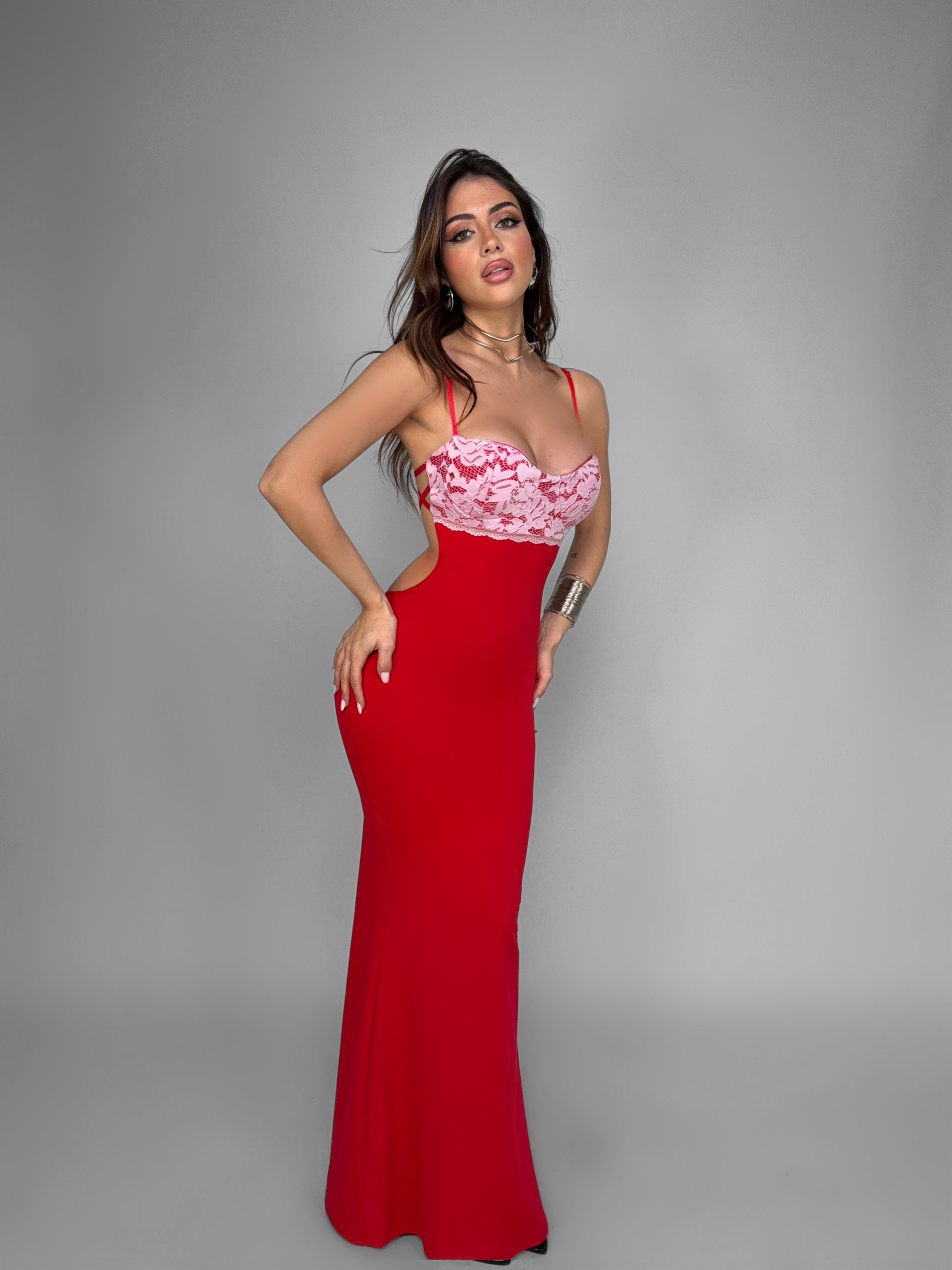 Abito Contrast Lace-Red
