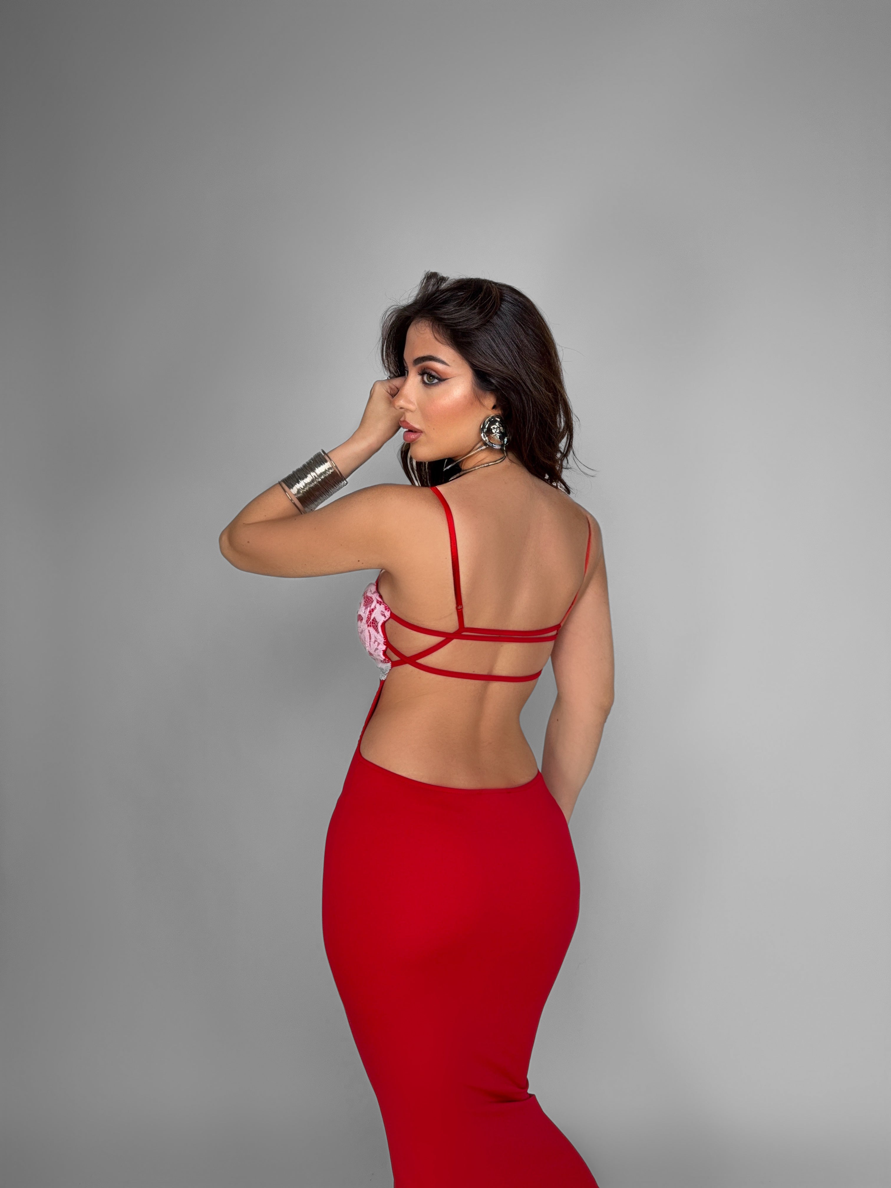 Abito Contrast Lace-Red