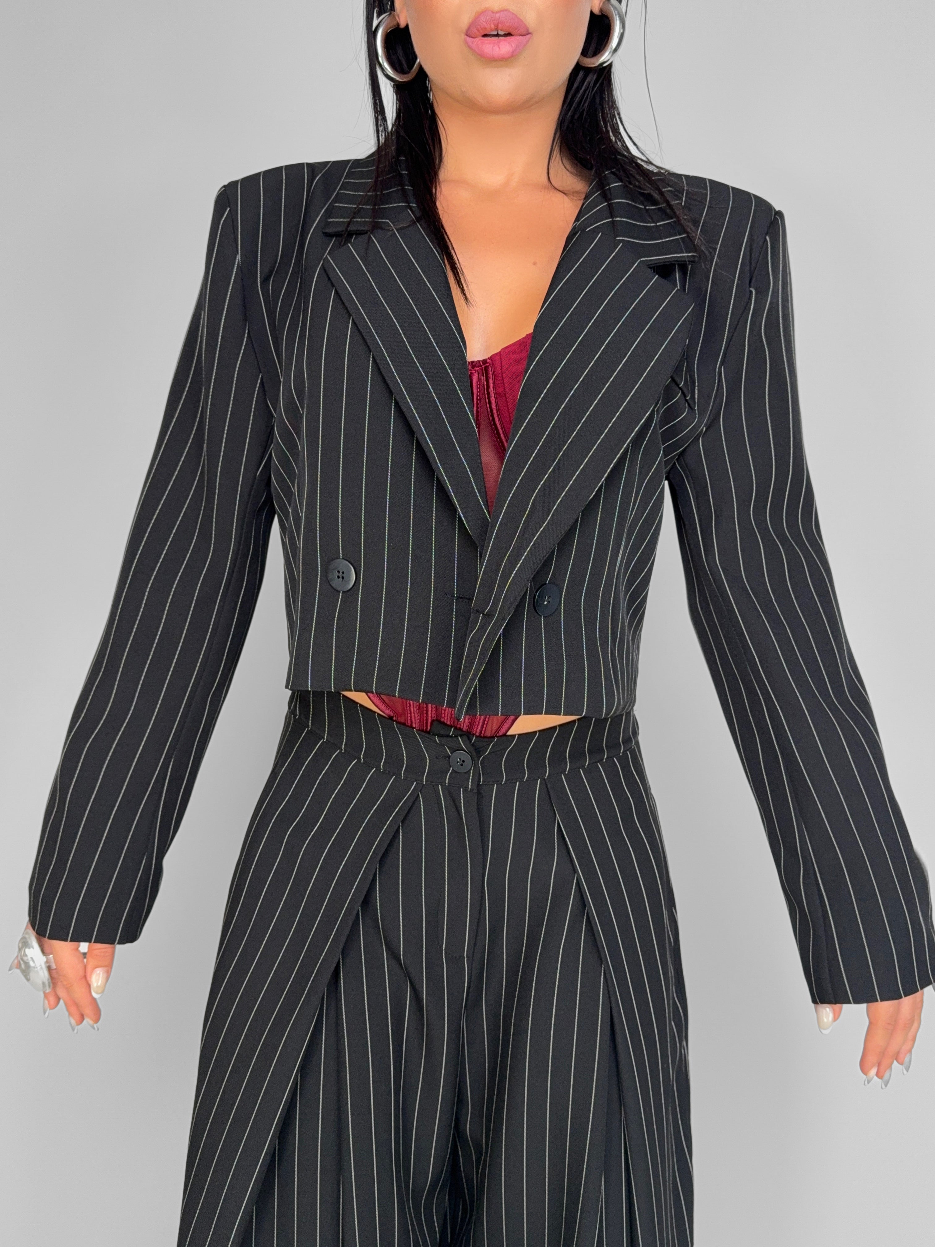 Giacca Crop Stripe-Black