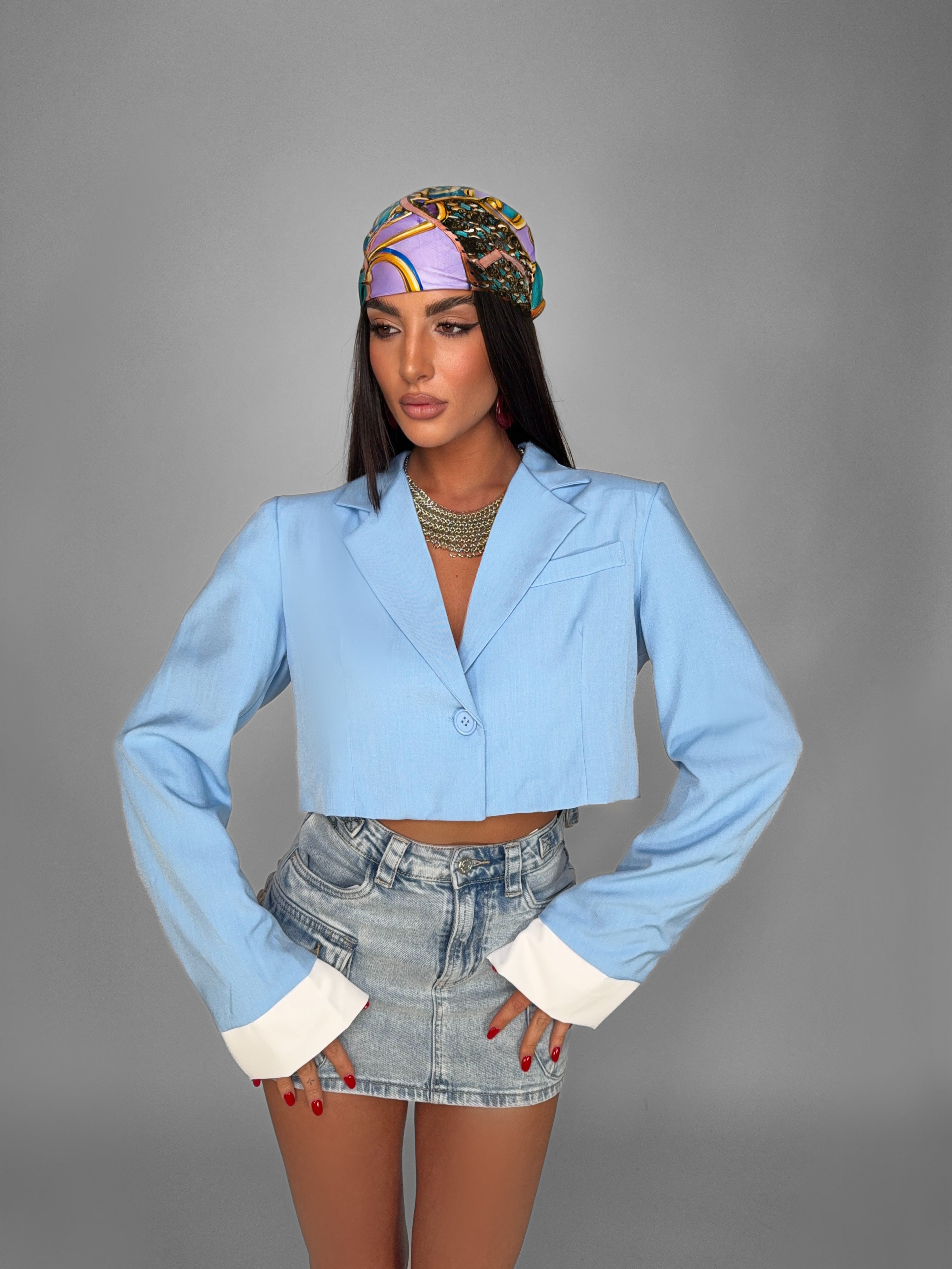 Blazer Contrast Sleeve Crop-Light Blue