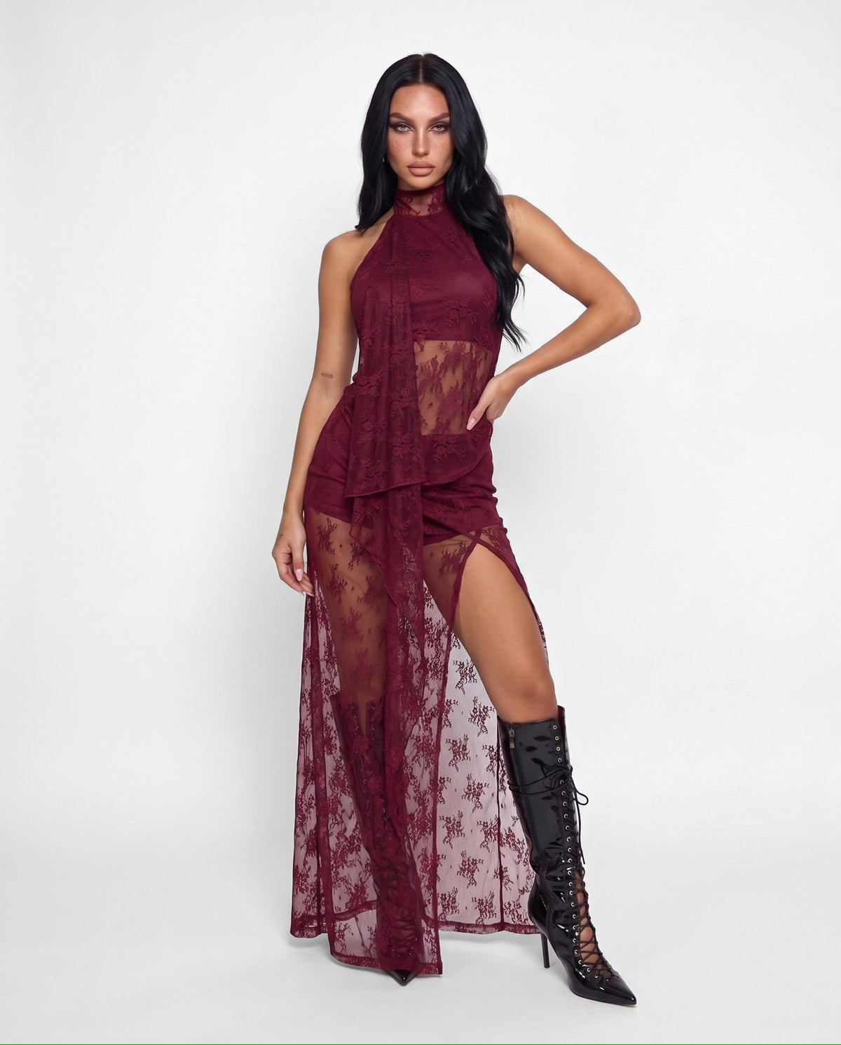 Abito Lace Sash-Cherry Red