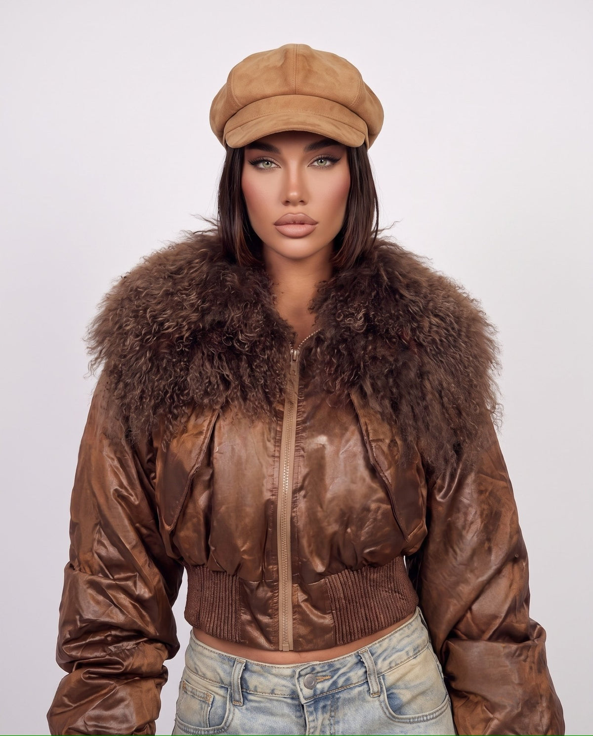 Chaqueta bomber corta con relieve-Marrón