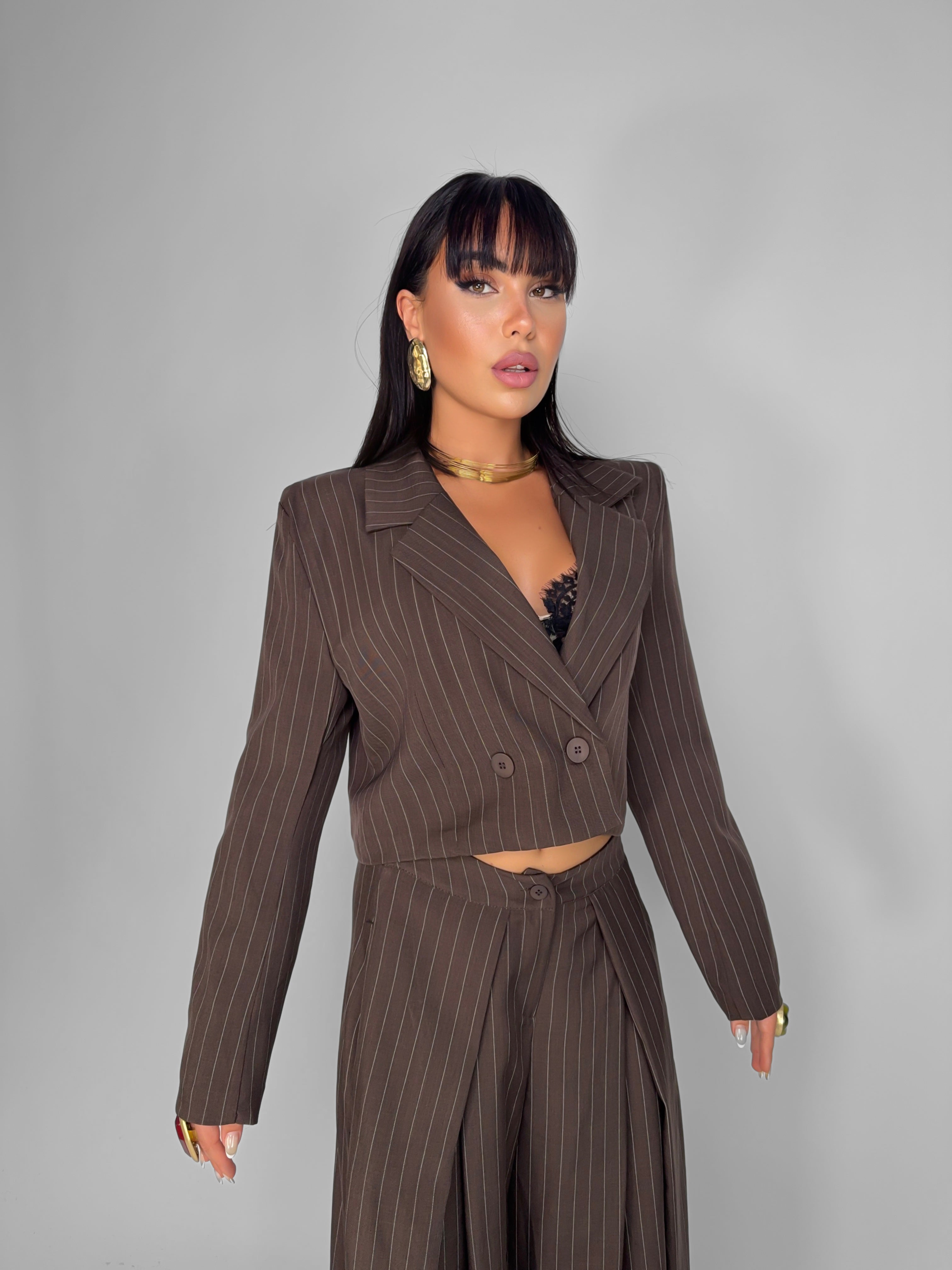 Giacca Crop Stripe-Brown