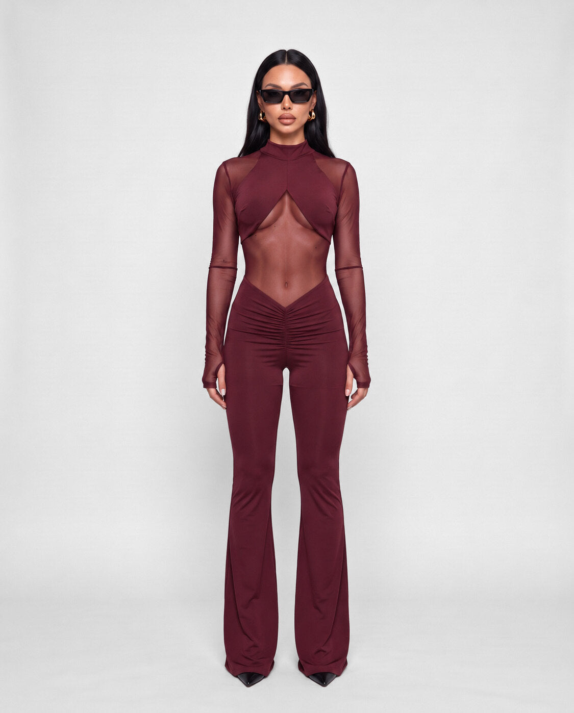 Jumpsuit Sheer Long-Cherry Red