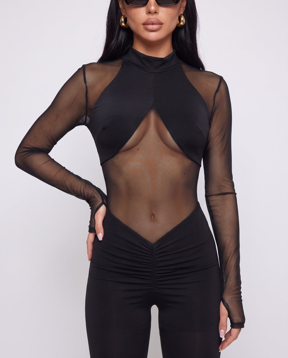 Jumpsuit Sheer Long-Black