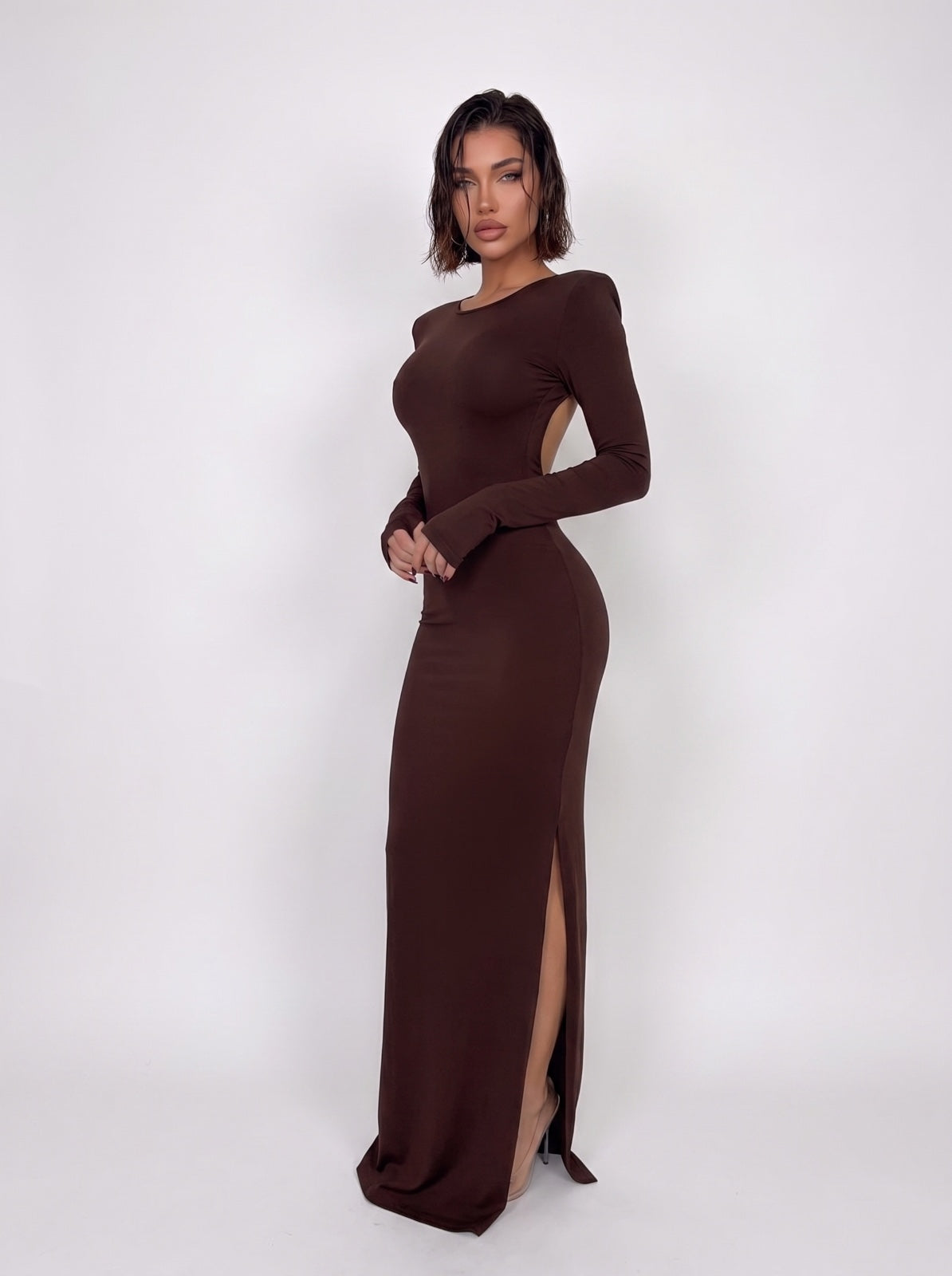 Bare Back Dress-Brown