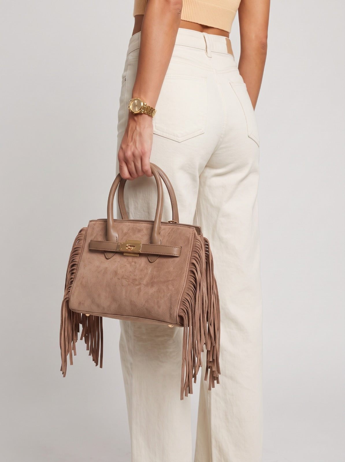 Bolso Dakota con flecos-Gris paloma