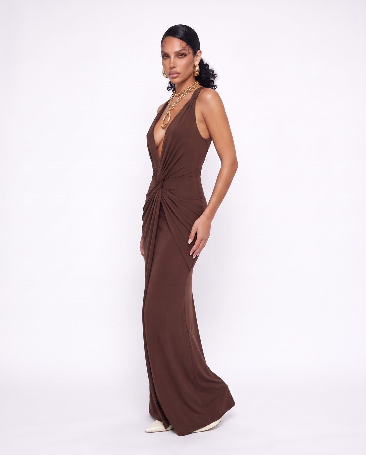 V Long Dress-Brown