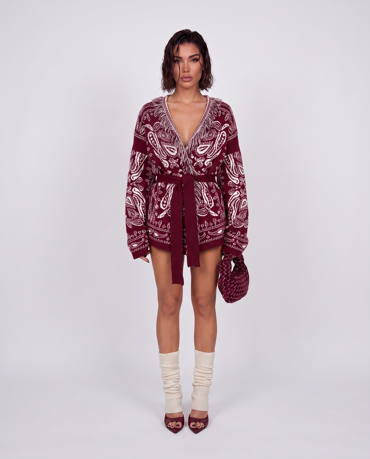 Cardigan Paisley Fringe-Cherry Red