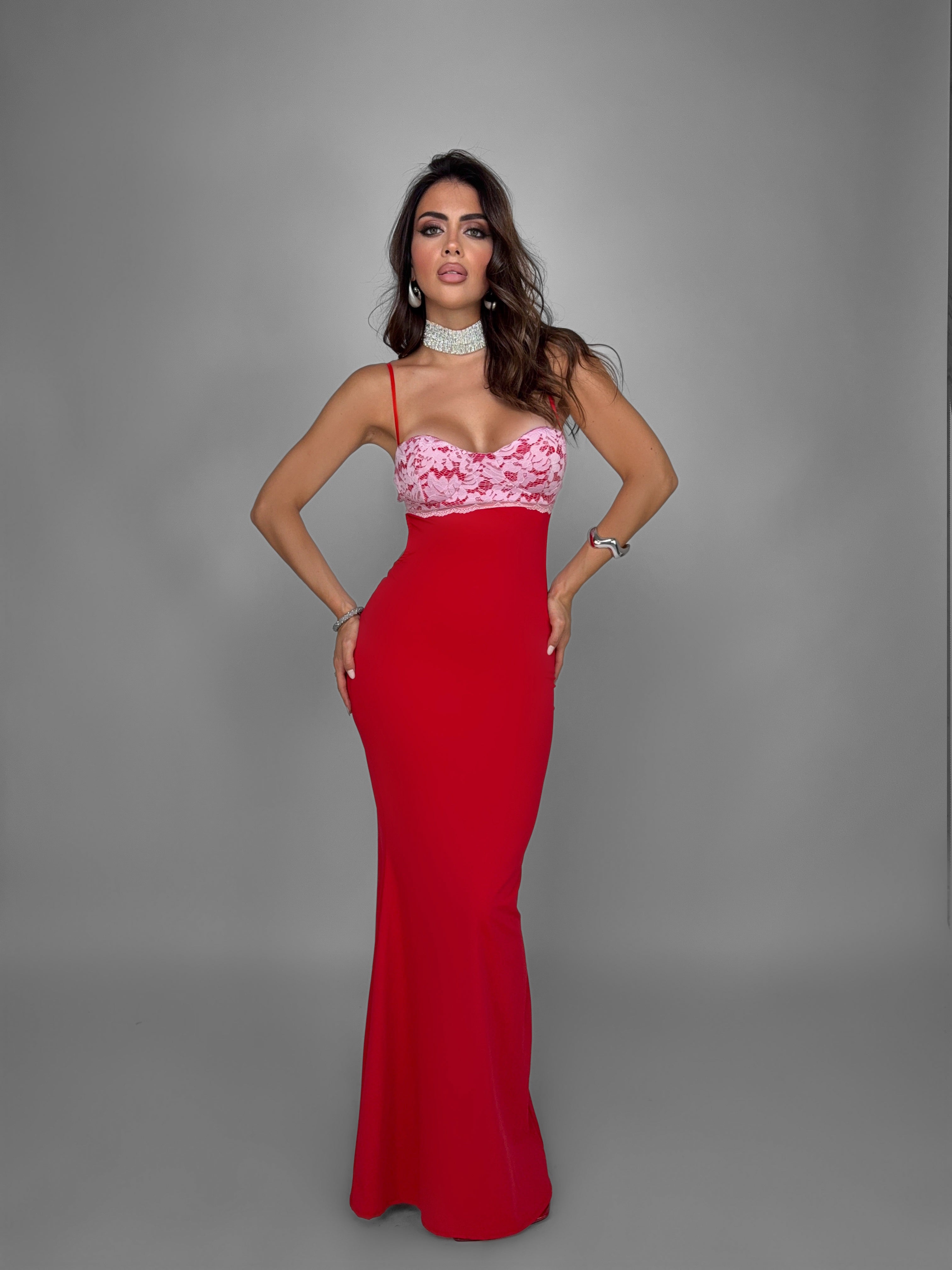 Abito Contrast Lace-Red