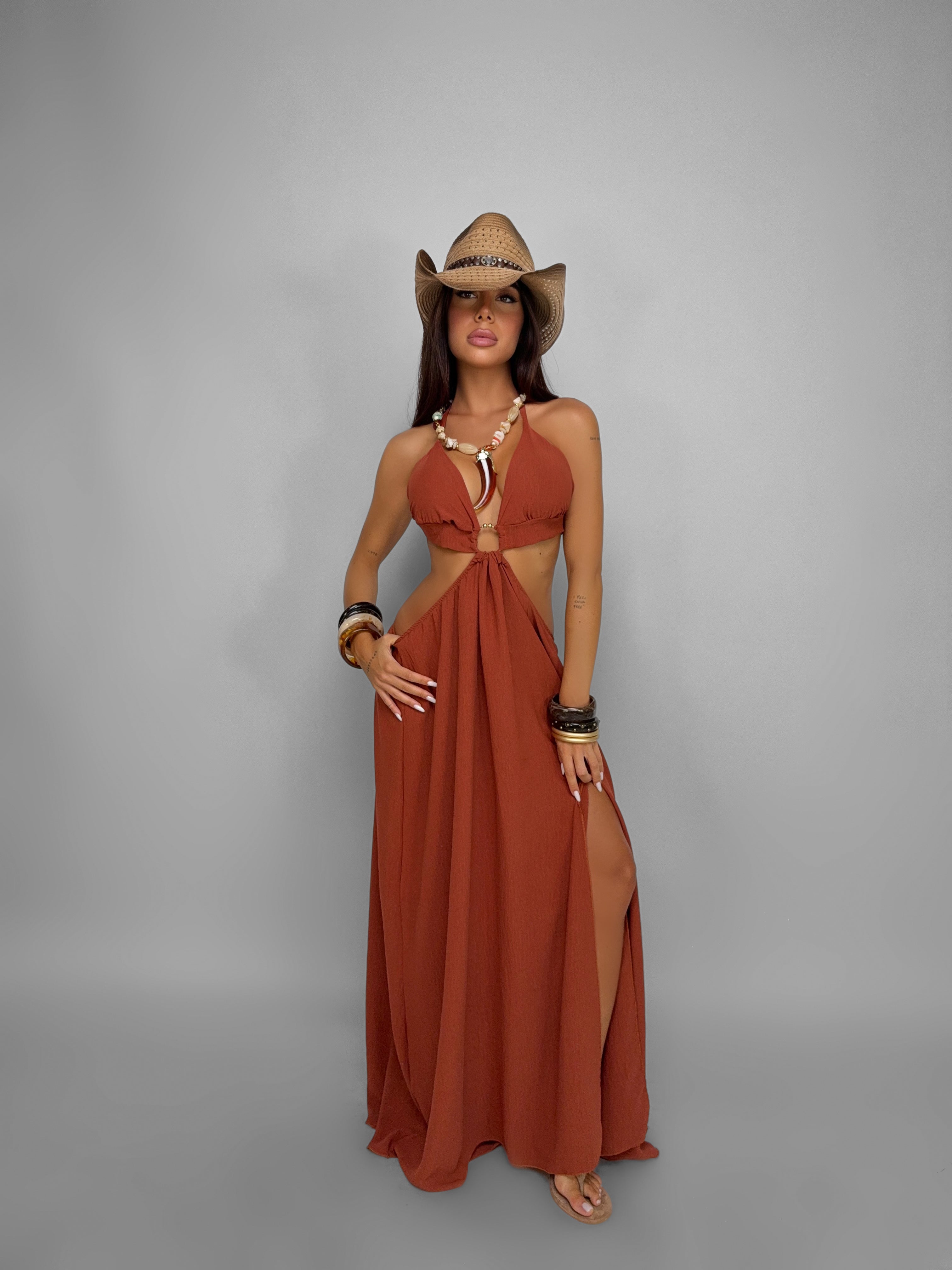 Abito Flowy Ring-Ruggine