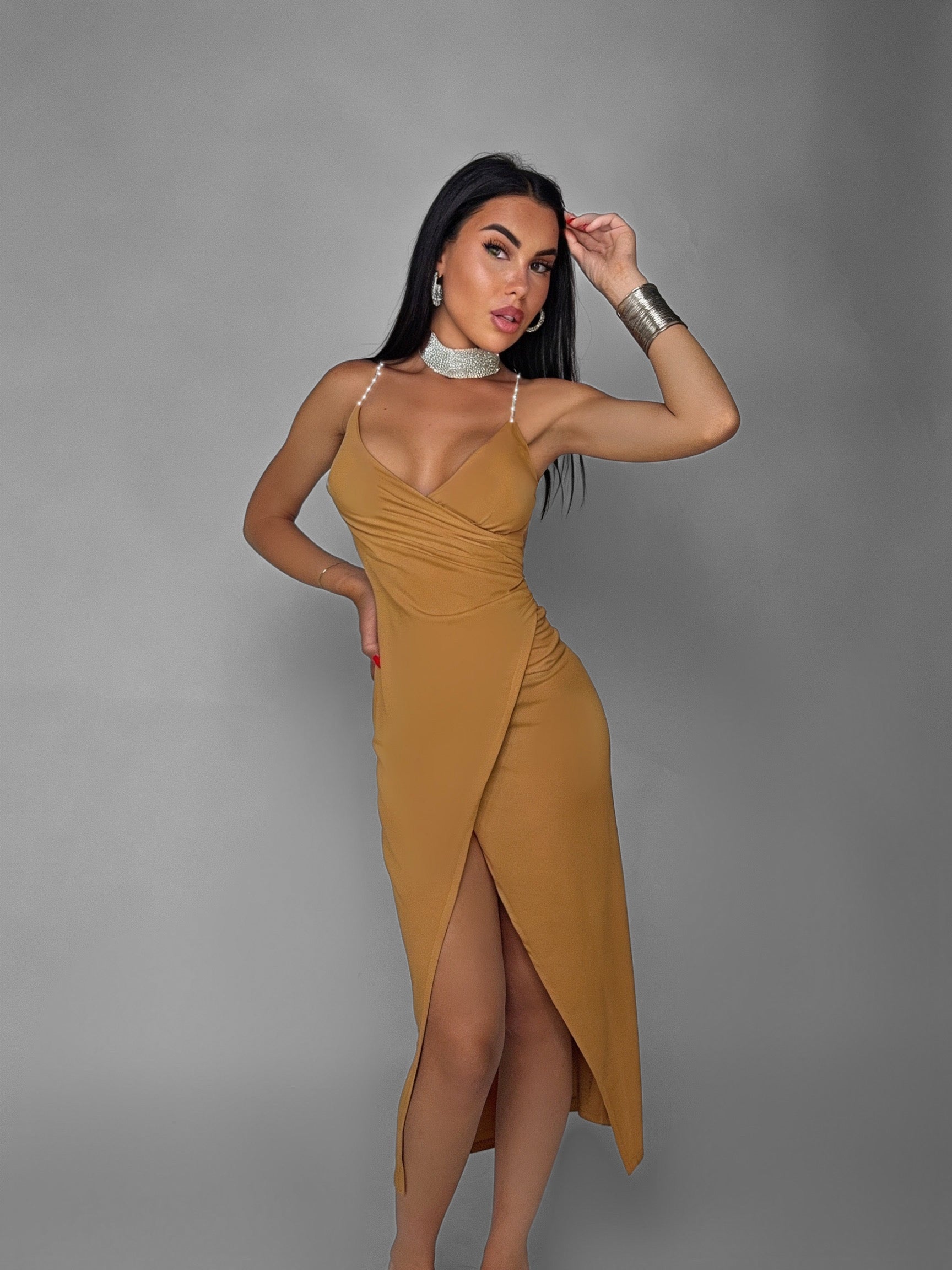 Abito Crystal Strap Long-Camel