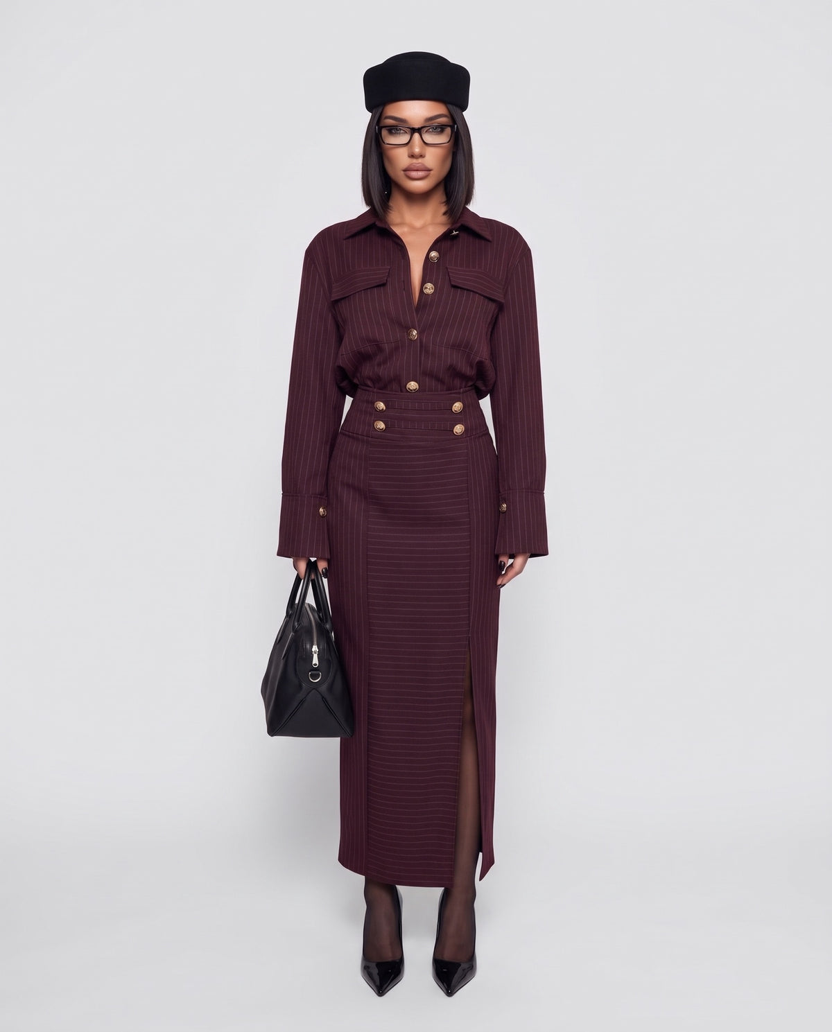 Coord Set Pinstripe Skirt-Cherry Red