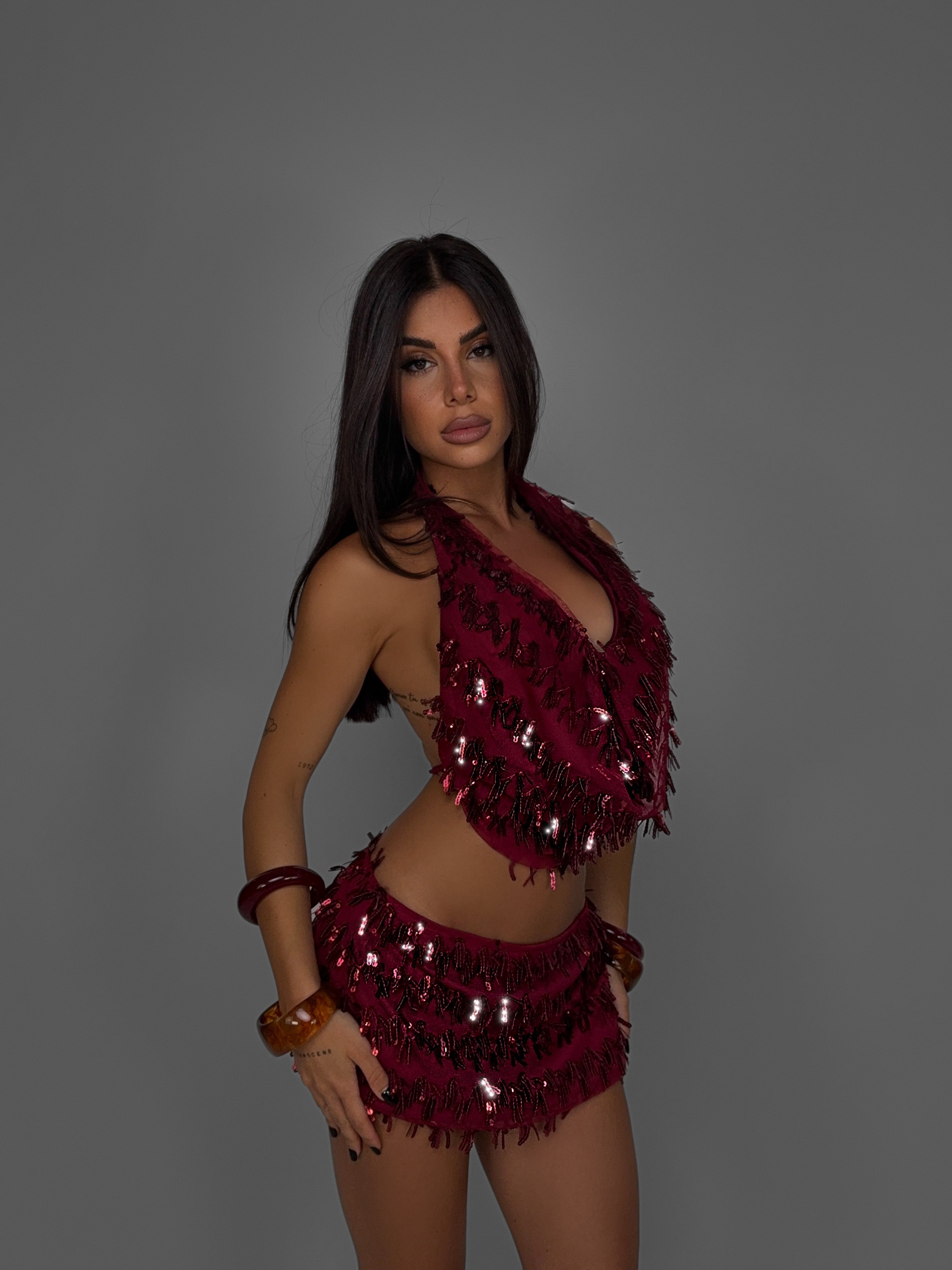 Completo Sequin Fringe-Cherry Red