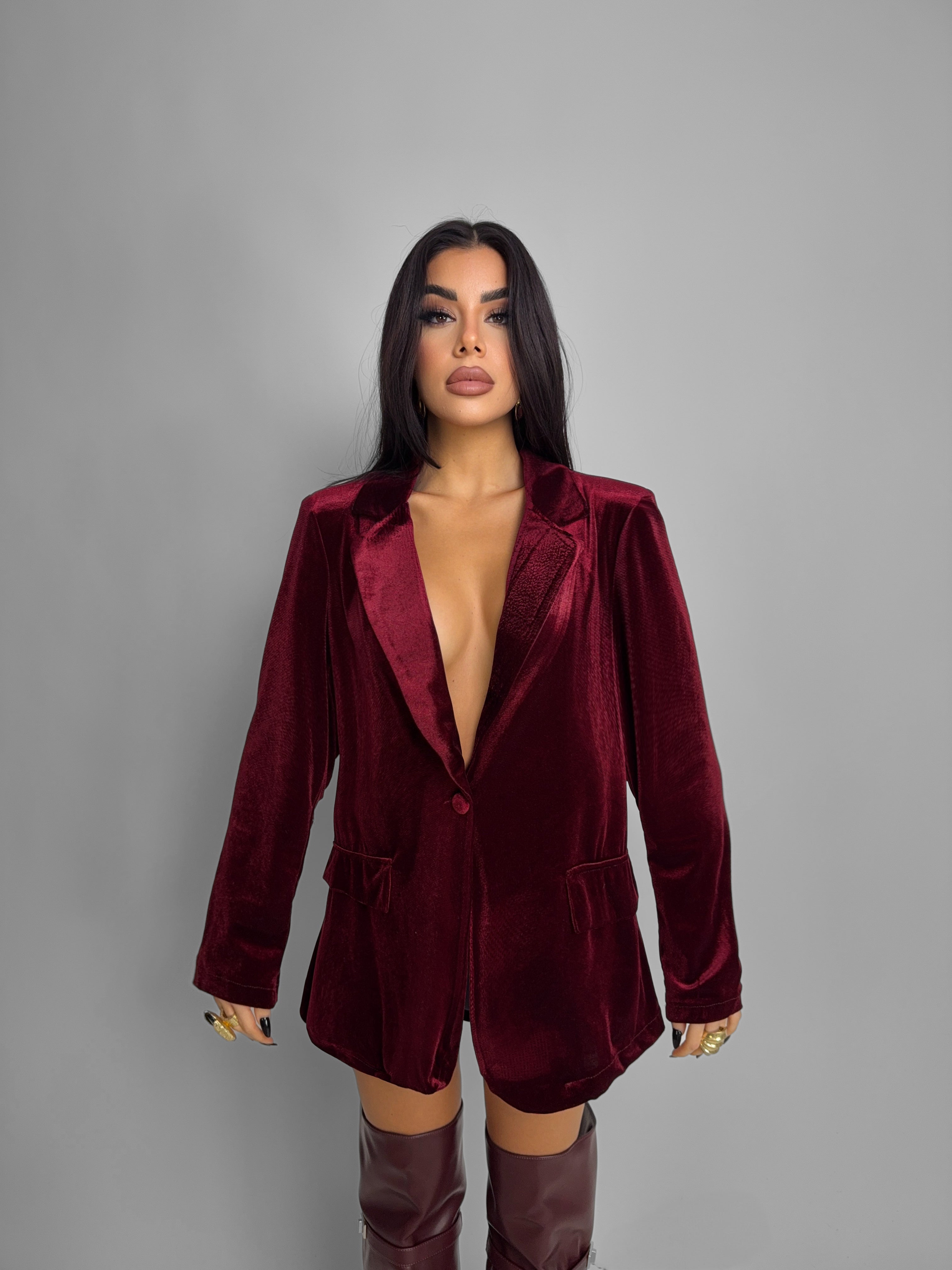 Giacca Velvet Biker-Cherry-red