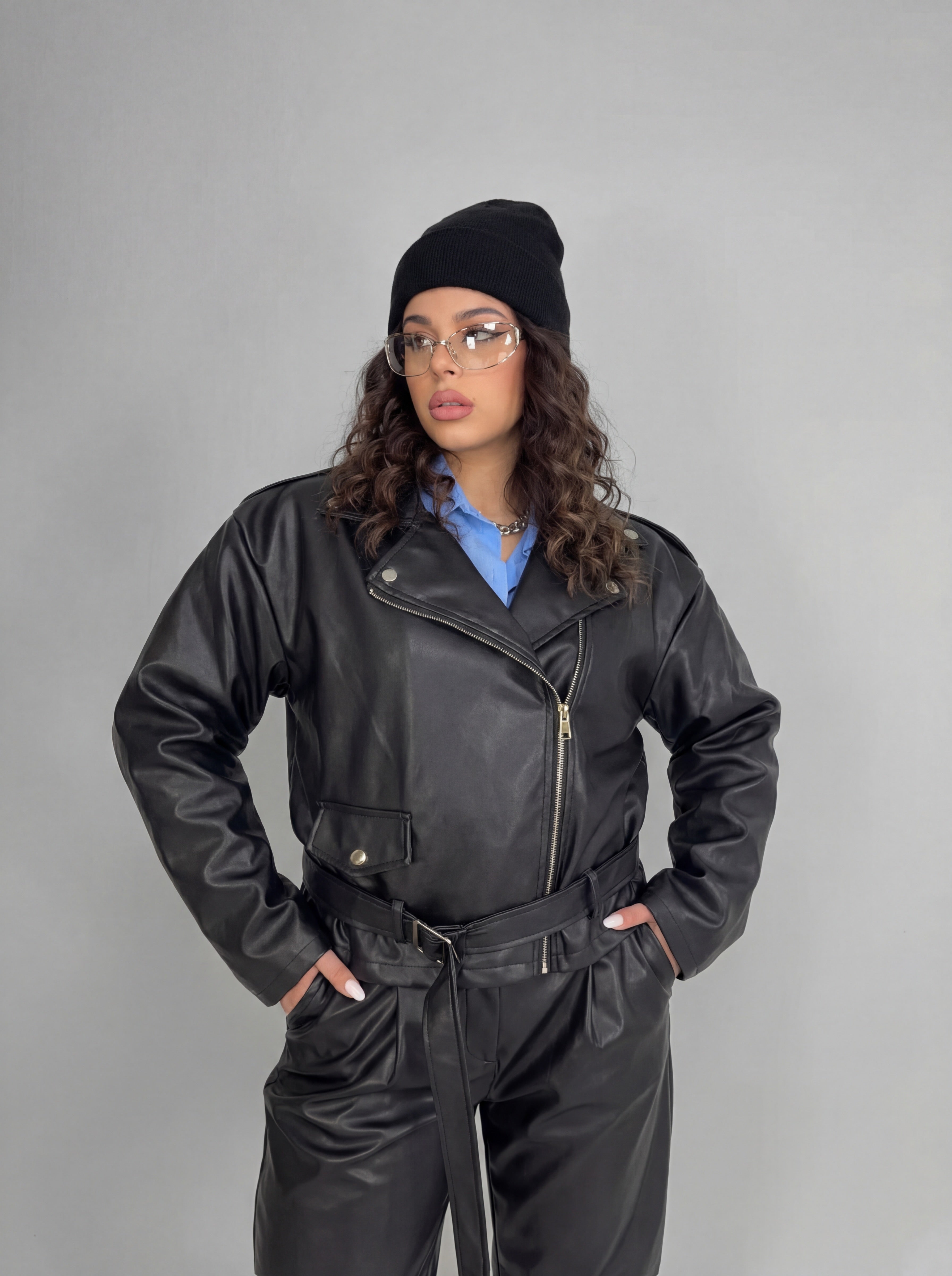 CURVY FIT - Chiodo Over Leather-Black