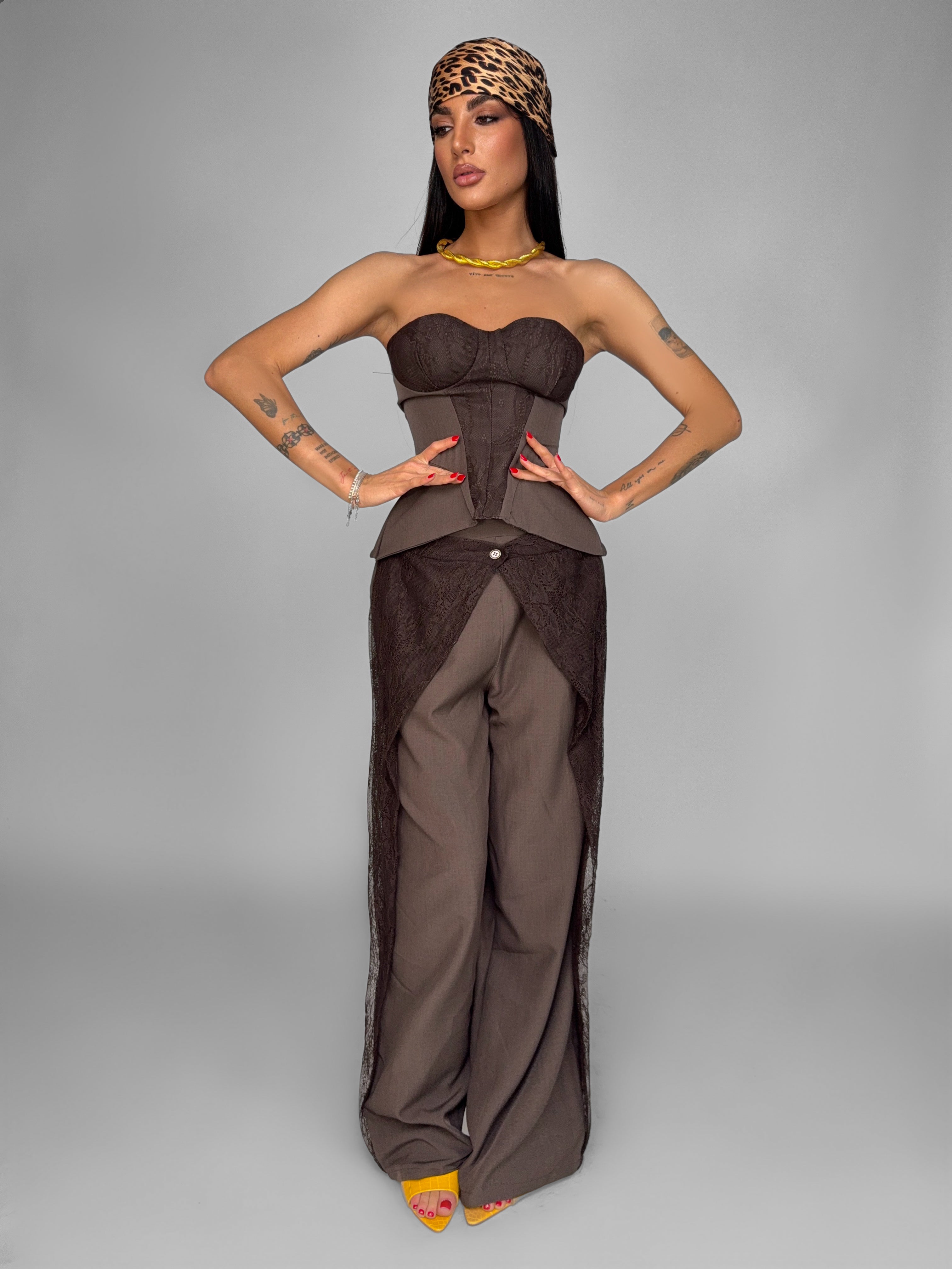 Lace Insert Jumpsuit - Brown