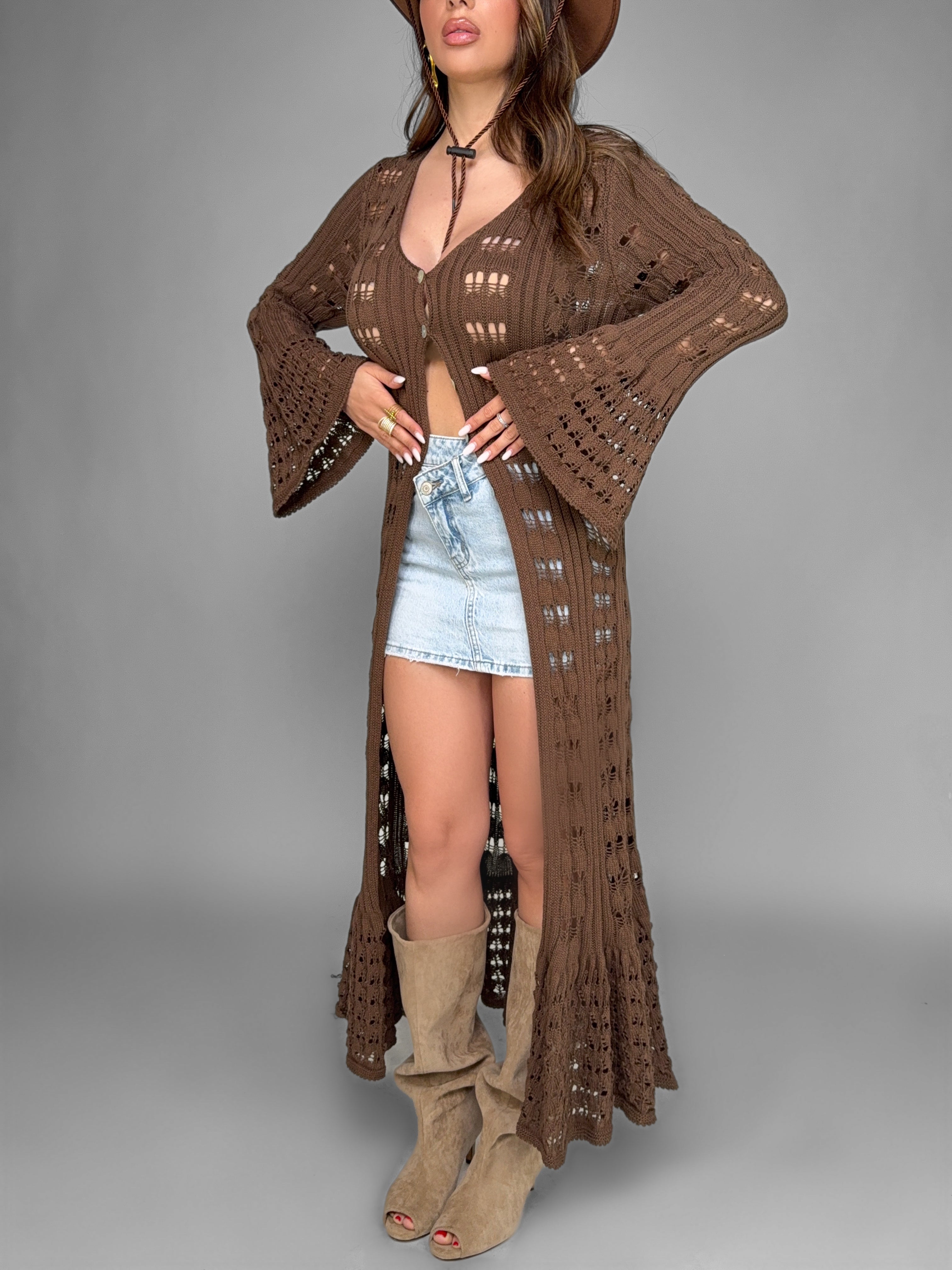 Long Crochet Cardigan-Brown