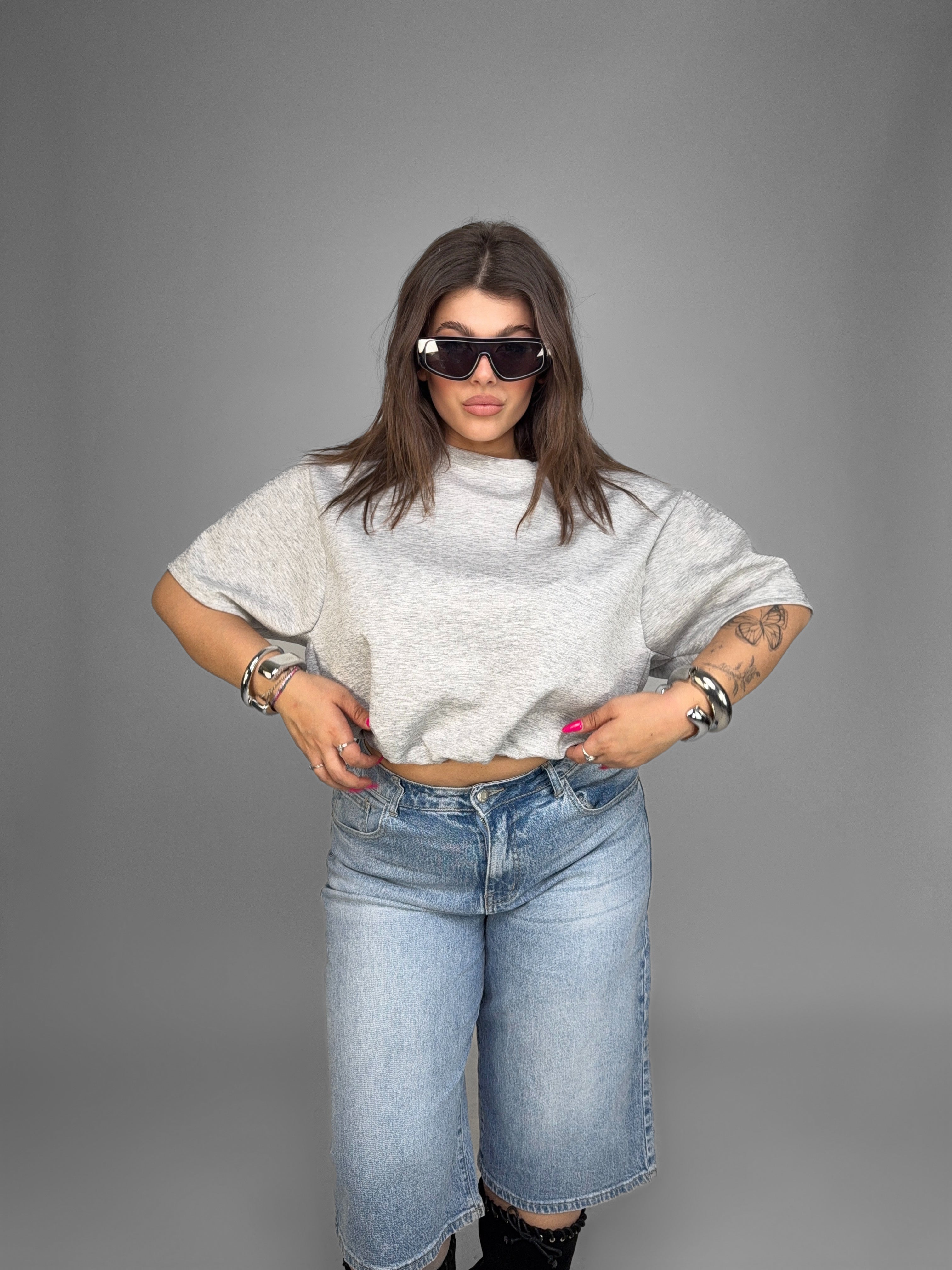 CURVY FIT - Maglia Crop Sweat-Grey