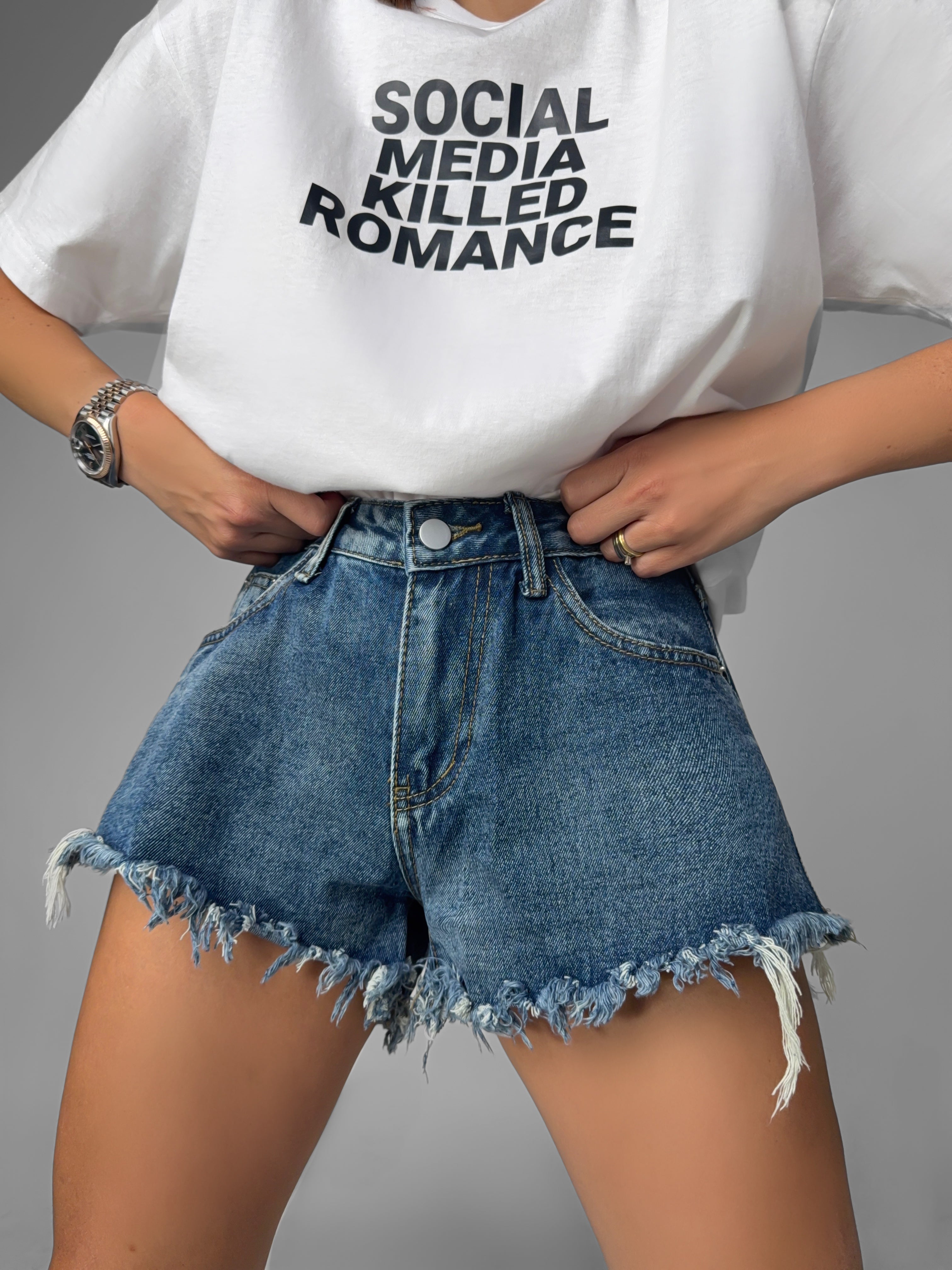 Short Jeans Frayed - Denim Scuro