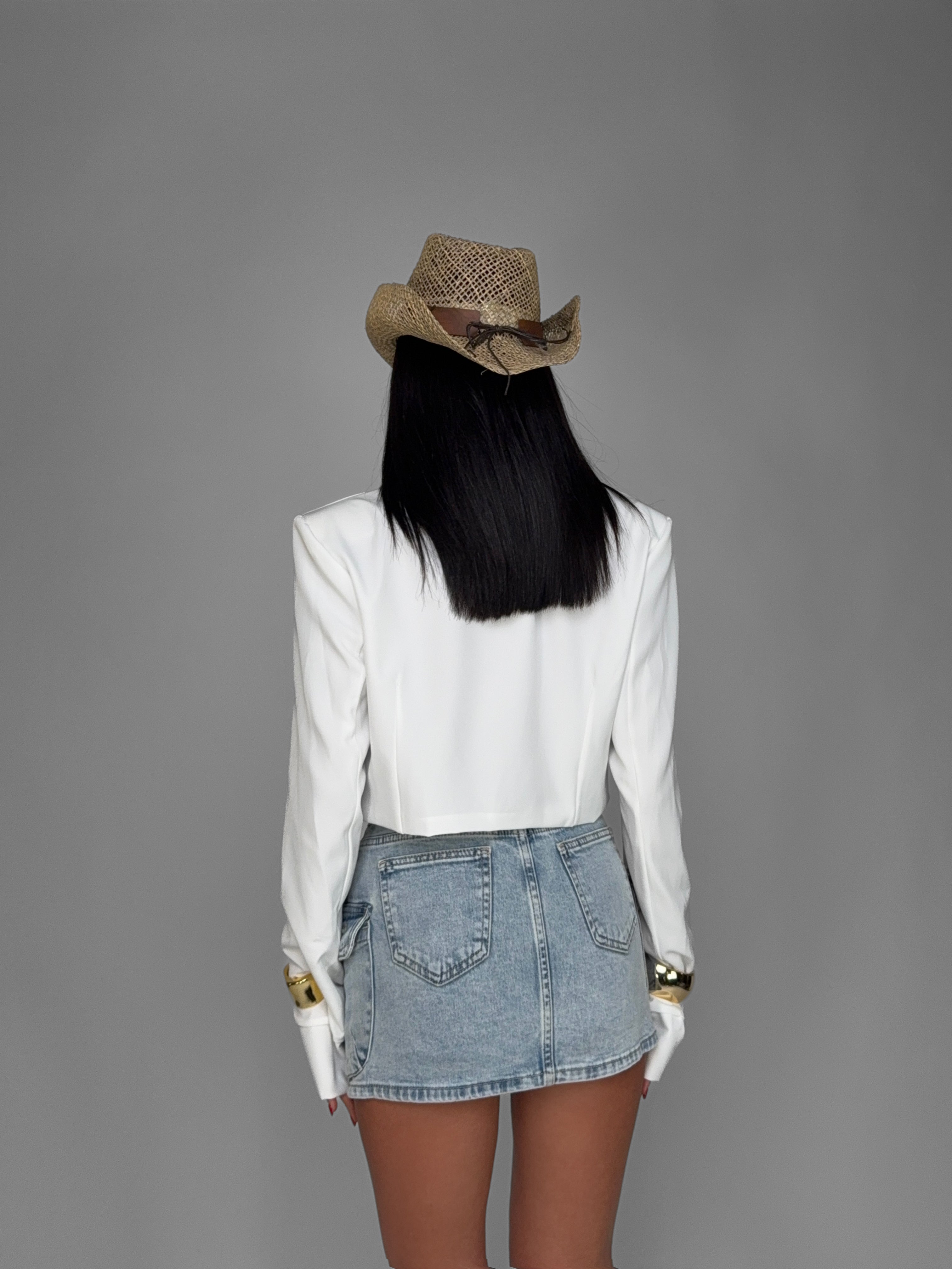 Blazer Contrast Sleeve Crop-White