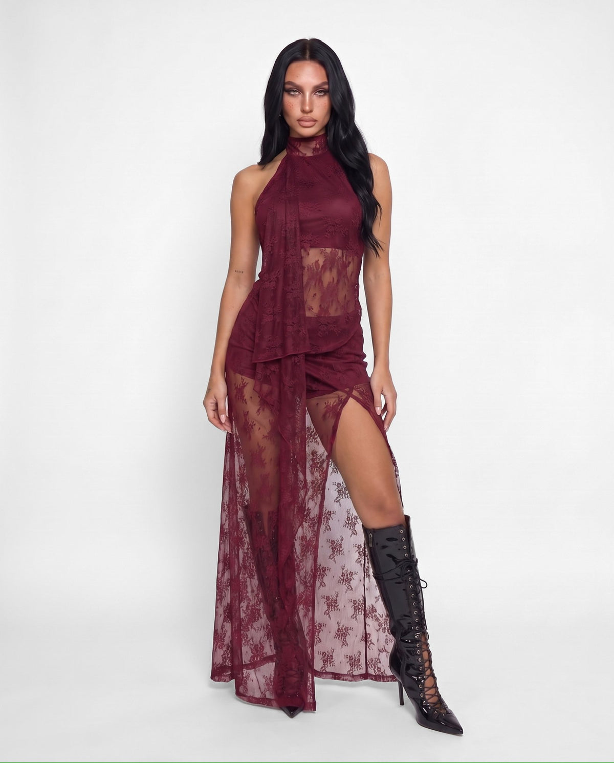 Abito Lace Sash-Cherry Red