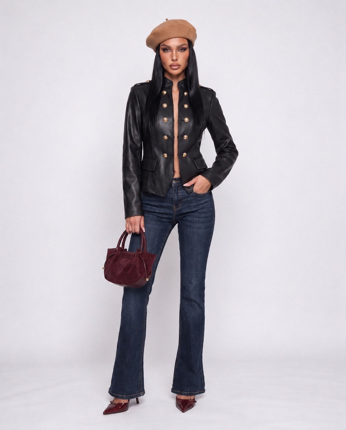 Total Look Leather Button-Black