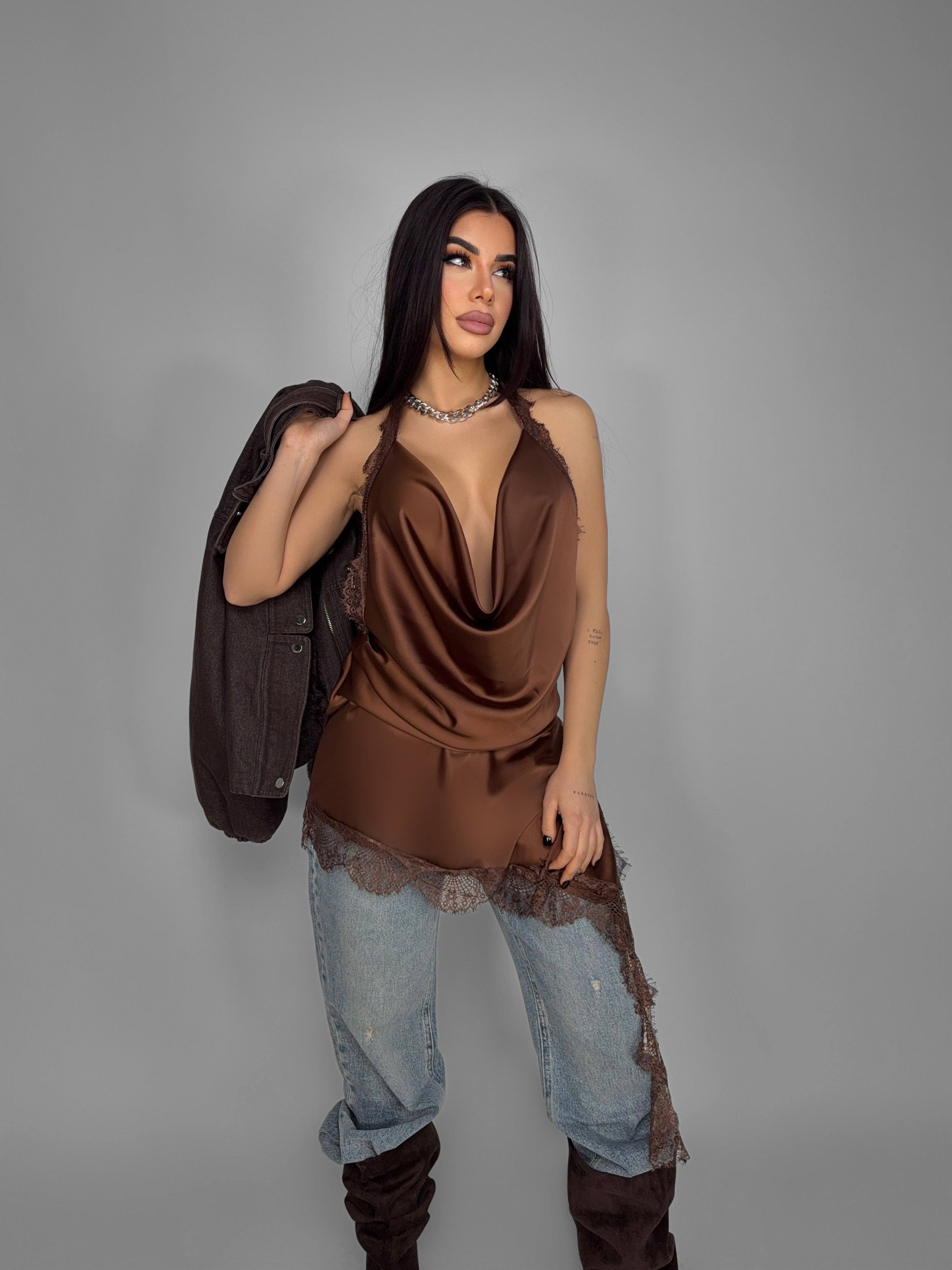 Satin Prom Dress - Brown