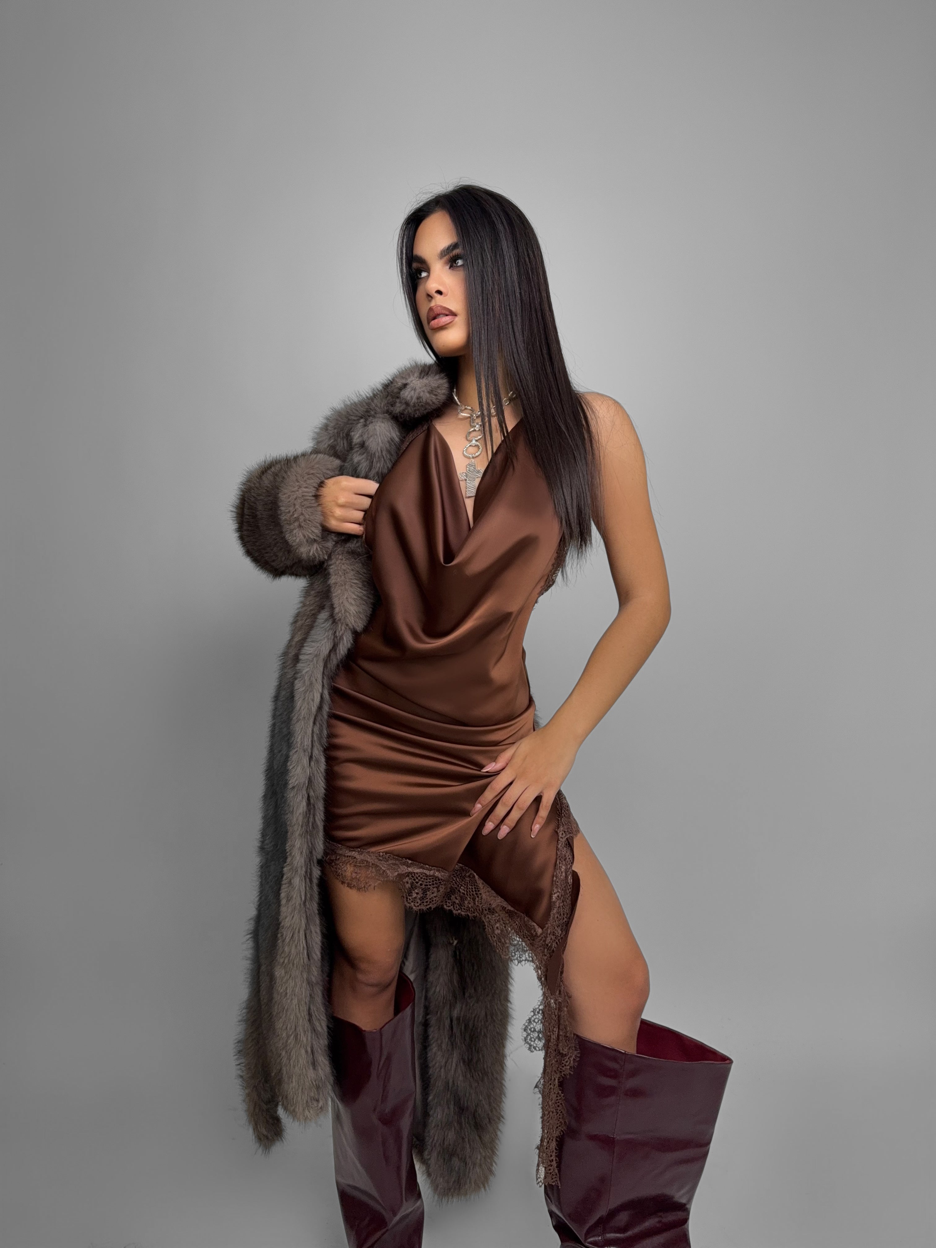 Abito Satin Prom-Brown