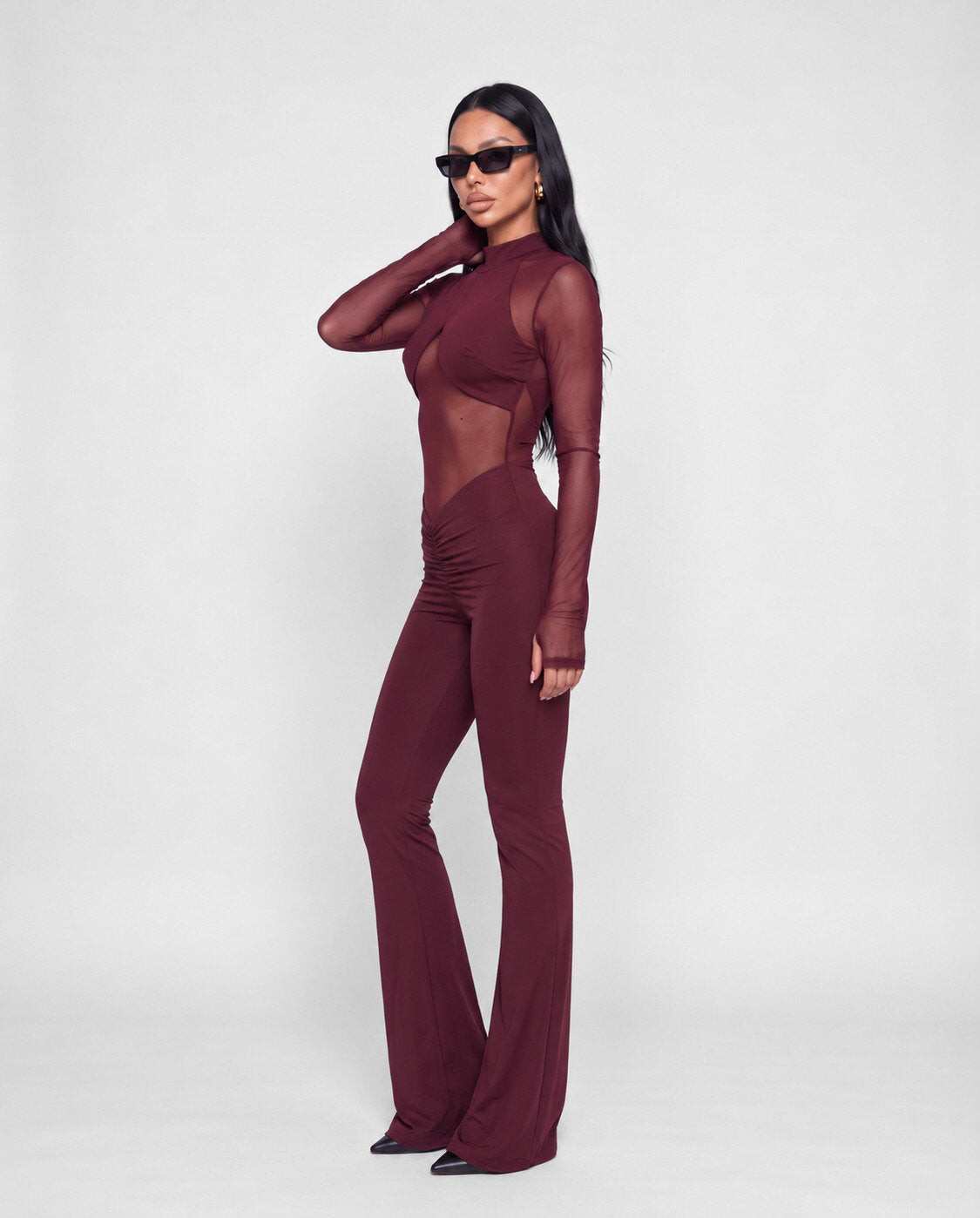 Jumpsuit Sheer Long-Cherry Red