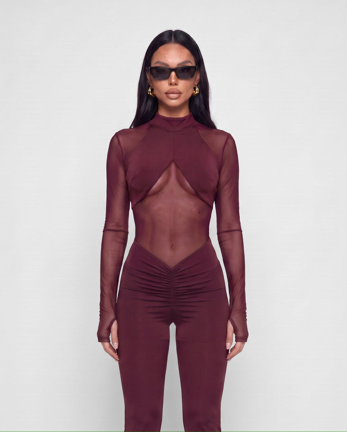 Jumpsuit Sheer Long-Cherry Red