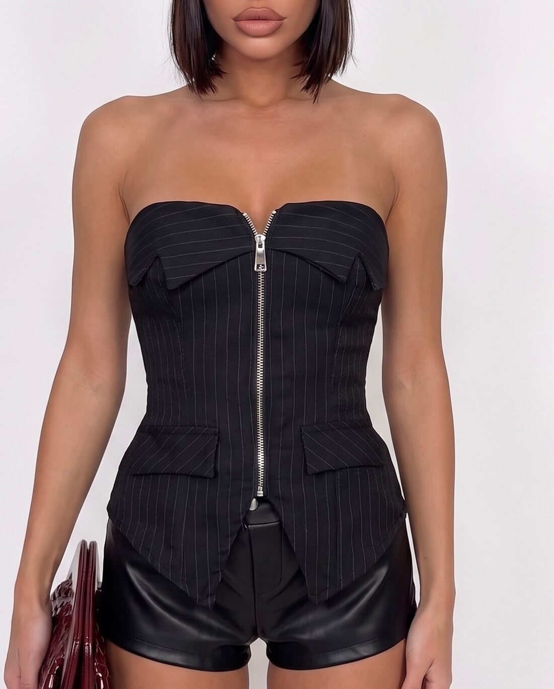 Top Pinstripe Zip-Black