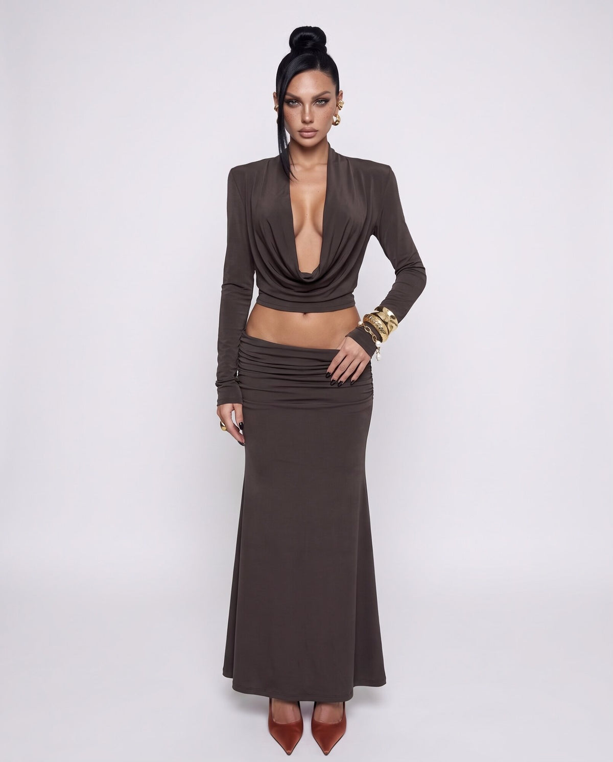 Coord Set Draped-Brown